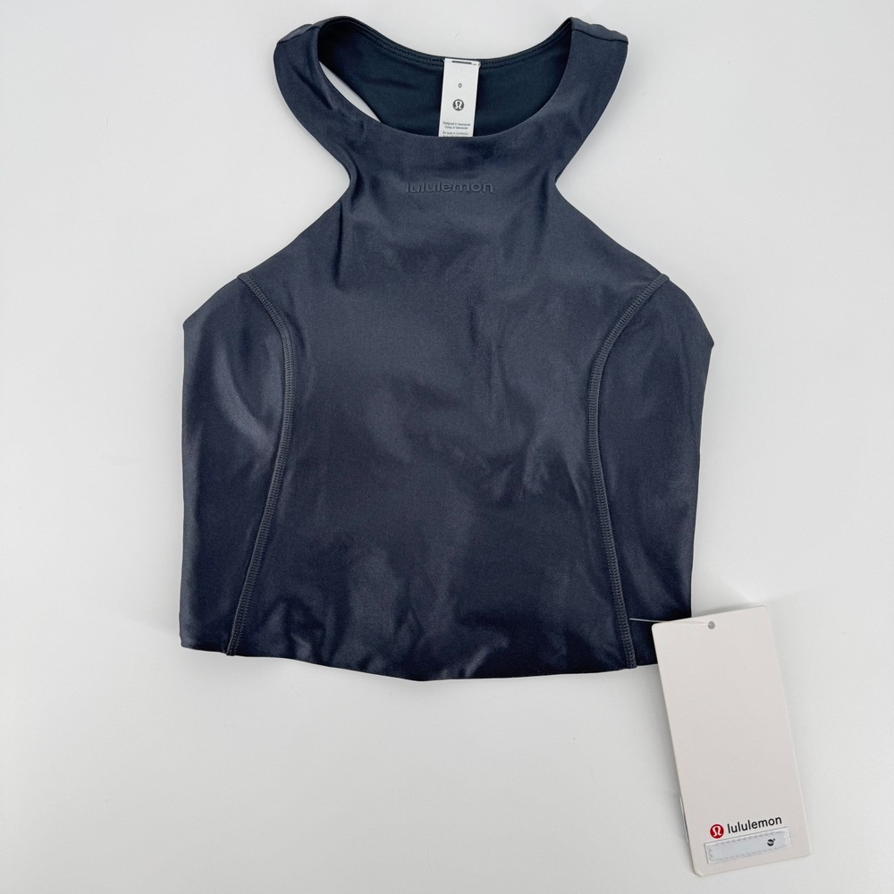 Lululemon Satin Shine Tank Wordmark Coal Grey Cropped Racerback Size 0 LW1FQSS